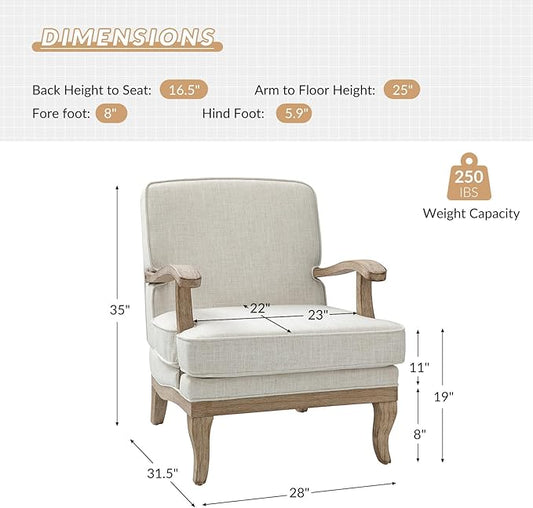 HULALA HOME Mid-Century Modern Accent Chair, Upholstered Living Room Lounge Chair, Lounge Armchair with Romantic Stripes & Solid Wood Legs, Living Room Bedroom Single Sofa Chair (Ivory)