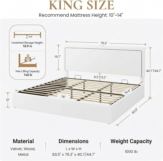 SHA CERLIN King Size Hydraulic Lift-Up Storage Platform Bed Frame with Charging Station, RGB LED Lights, Adjustable Velvet Headboard, USB-A and USB-C Ports, No Box Spring Needed, White