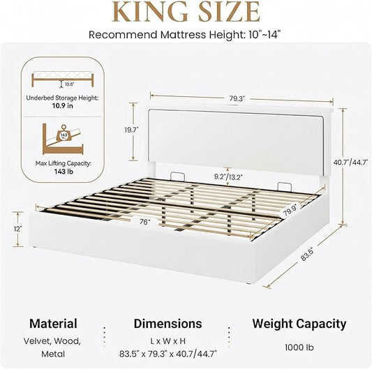 SHA CERLIN King Size Hydraulic Lift-Up Storage Platform Bed Frame with Charging Station, RGB LED Lights, Adjustable Velvet Headboard, USB-A and USB-C Ports, No Box Spring Needed, White