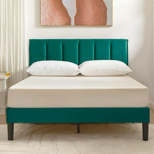 VECELO Full Size Bed Frame with Upholstered Headboard, Heavy-Duty Bedframe with Wooden Slats & Steel Framework, Easy Assembly, Dark Green