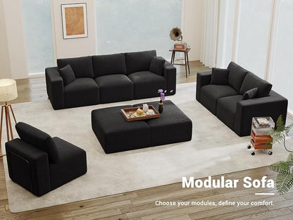 Modular Sectional Sofa Bed with Chaise, 115" Memory Foam Cloud Couch, Boneless Corduroy Upholstered Floor Couch, No Assembly Required Living Room Furniture for Apartment Home, Black