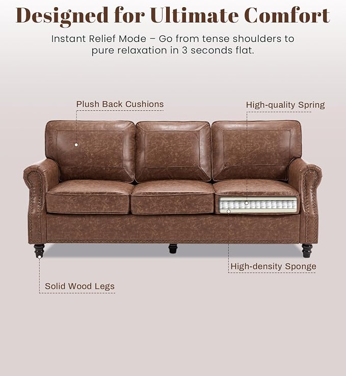 Kingfun 3 Seater Sofa, Mid-Century Modern Faux Leather Couch Set for Living Room, Darkbrown with Rolled Arms & Nailhead Trim, Easy Assembly