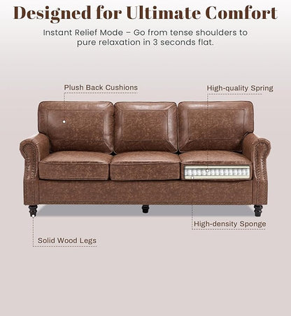 Kingfun Mid-Century Modern Couch, Faux Leather Sofa Set, 3 Seater Couch for Living Room with Rolled arms & Nailhead Trim, Dark Brown