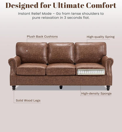 Kingfun Mid-Century Modern Couch, Faux Leather Sofa, 3 Seater Couch for Living Room with Rolled arms & Nailhead Trim, Dark Brown