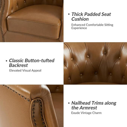 HULALA HOME Genuine Leather Swivel Accent Chair, Swivel Rocker Barrel Chair, Traditional Chesterfield Armchair with Button-Tufted Design, No Assembly Required, Camel
