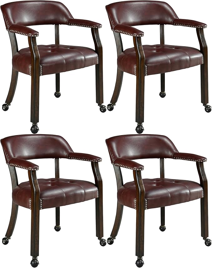 LEEMTORIG Set of 4 Large Dining Chairs with Casters and Arm, Rolling Dining Chairs with Wheels, Poker Table Chairs, Boss Caption's Chairs, 26"D x 25.2"W x 31.5"H Espresso Legs & Wine Red, XXY-1910-WR