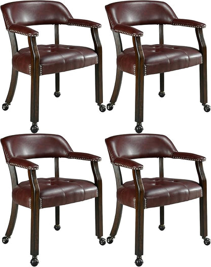 LEEMTORIG Set of 4 Large Dining Chairs with Casters and Arm, Rolling Dining Chairs with Wheels, Poker Table Chairs, Boss Caption's Chairs, 26"D x 25.2"W x 31.5"H Espresso Legs & Wine Red, XXY-1910-WR