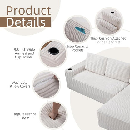 104" L Shaped Boneless Sectional Couches for Living Room, Comfy Corduroy Floor Cloud Sofa with Chaise and Cup Holder, Wide Armrest, Deep Seat, Assembly Free, Ideal for Small Spaces, Beige