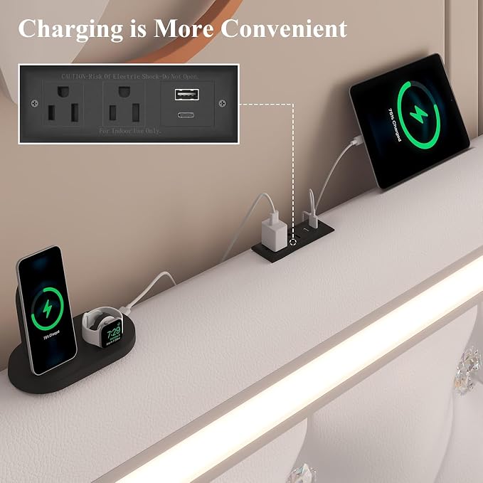 5 Pieces Full Bedroom Set, PU Fabric Metal Bed Frame with Charge Port& LED, 6 Tier Rotating Bookshelf, Vanity Table with Sliding Light Mirror& Hair Dryer Holder, 2 Nightstands with Charge