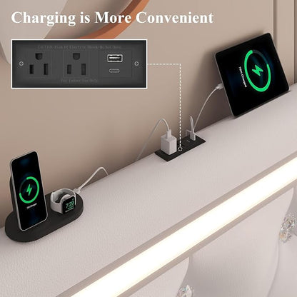 5 Pieces Full Bedroom Set, PU Fabric Metal Bed Frame with Charge Port& LED, 6 Tier Rotating Bookshelf, Vanity Table with Sliding Light Mirror& Hair Dryer Holder, 2 Nightstands with Charge