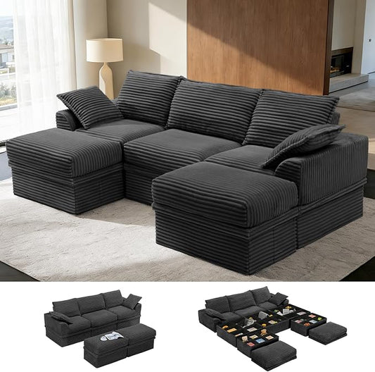 Upgrade Boneless Couch with Storage, Extra Deep&High Seat Modular Sectional Sofa 3 Seater U Shaped Cloud Couch with Ottoman, Tool-Free Assembly Sectional Couches for Living Room