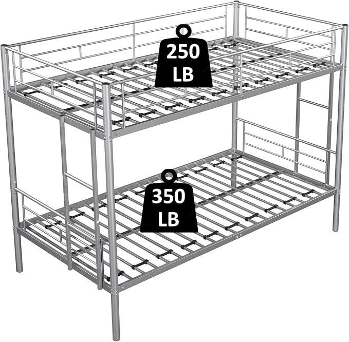 Metal Twin Over Twin Bunk Bed, Heavy-Duty Metal Bunk Bed, Noise Reduced Design/Safety Guardrail/2 Side Ladders/No Box Spring Needed (Silver)