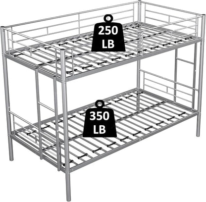 Metal Twin Over Twin Bunk Bed, Heavy-Duty Metal Bunk Bed, Noise Reduced Design/Safety Guardrail/2 Side Ladders/No Box Spring Needed (Silver)