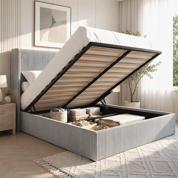 Allewie Full Lift-Up Storage Bed Frame with Modern Wingback Headboard, Corduroy Upholstered Platform Bed, Hydraulic Gas Lift Support, Underbed Storage, Wooden Slats, No Box Spring Needed, Grey