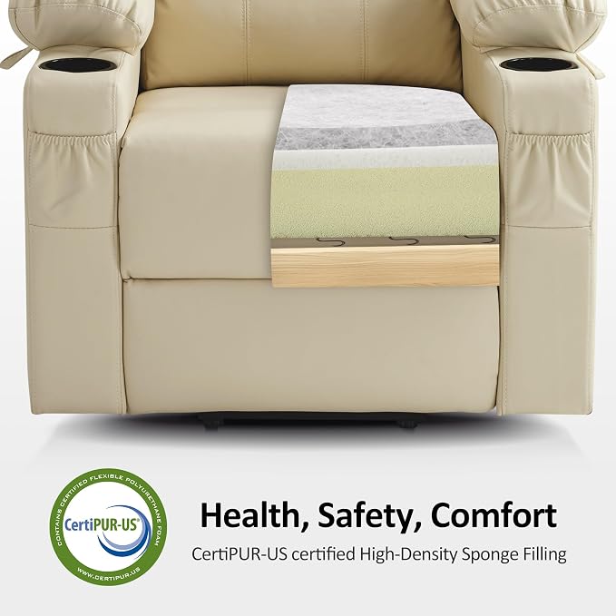 MCombo Large Power Lift Recliner Chair with Massage and Heat for Tall Elderly People, 3 Positions, Cup Holders, and USB Ports, Faux Leather 7516 (Large, Cream White)