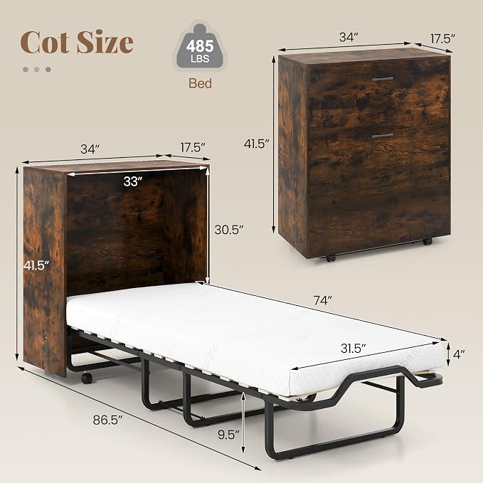 KOMFOTT Murphy Bed Cabinet, Rolling Folding Bed into Cabinet with Mattress & Lockable Wheels, Folding Bed Frame for Small Space, Roll Away Pull Out Murphy Bed for Guest Room Office