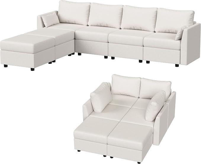 Huatean Home 114.17" Modular Sectional Sofa, 6 Seat Modular Couch with Storage, Memory Foam, Convertible Sectional Couches for Living Room, U Shaped Comfy Modular Sofa with Chaise, White