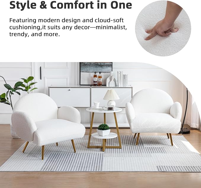 Accent Chair White with Golden Metal Legs,Reading Chair for Bedroom Comfy, Boucle Sherpa Chair for Living Room, Bedroom