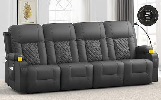 4 Seater Recliner Sofa, Home Theater Seating with Storage & Pocket, 4 Seat Reclining Couch with USB Ports & Phone Holders, Wall Hugger RV Sofa Furniture Loveseat Recliner Couch