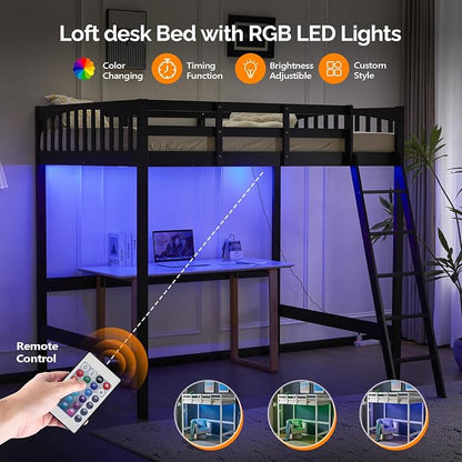 VINGLI Loft Bed Full Size with 15 inches Guardrail/USB Charging Station/LED, Solid Wood Double High Sleeper with Flat Rungs for Kids/Teens/Adults,No Box Spring Needed, Black