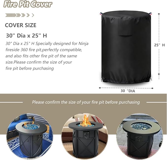 Cover for Bali Outdoors 30" Dia Propane Fire Pit,Outdoor Heavy Duty 600D Waterproof Fire Pit Cover Round,30" Dia x 25" H Fire Pit Table Outdoor Cover,Black