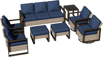Joyside Outdoor Patio Chairs, 8 Pieces Wicker Rattan Furniture Set, 4 Patio Chairs, 1 Sofa, 2 Ottoman and 1 Table, Metal Wide Armrest, Thick Cushions and Deep Seating for Garden, Backyard, Porch