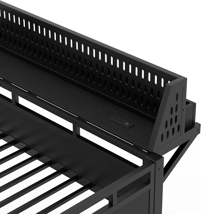 Bellemave Bunk Bed Full Over Full，Metal Bunk beds with Storage Shelves USB Ports and LED Lights, Black