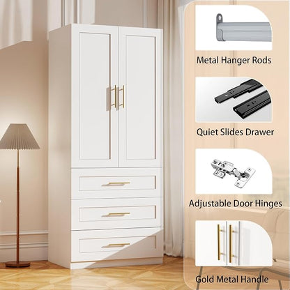 White Wardrobe with 2 Doors: 75" Tall Armoire Wardrobe Closet with 3 Drawers, Bedroom Armoires for Hanging Clothes, Wooden Closet Storage Cabinet with Shelves (Modern, 1)