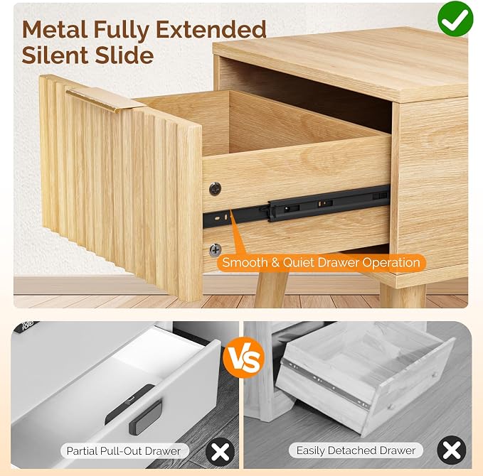 VINGLI Night Stand Set 2, Fluted Nightstands with Drawer, Mid Century Modern Nightstands Set of 2, Bedside Table, End Table, Wood Nightstand for Bedroom, Natural Oak, 15.75" W*11.81" D*21.85" H