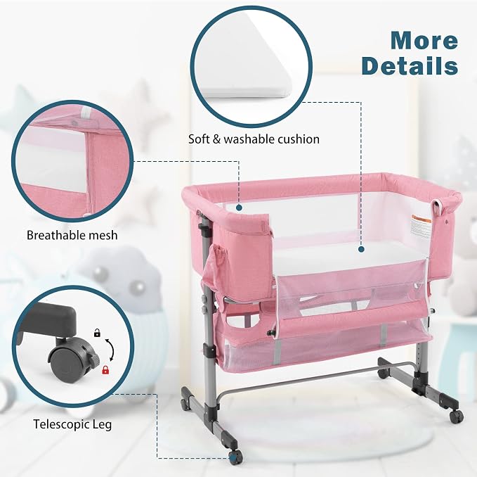 Soobaby Baby Crib,3 in 1 Bedside Crib Adjustable Portable Bed for Infant,Baby Bassinet Newborn Must Have Bed,Pink