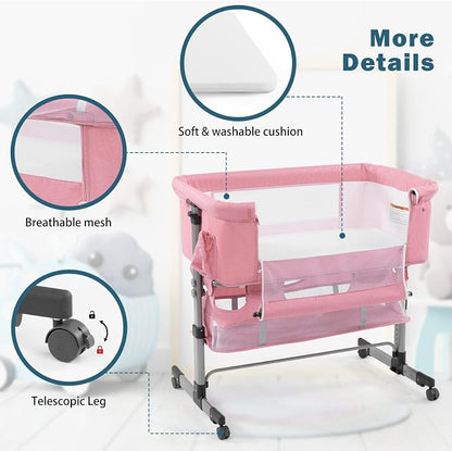 Soobaby Baby Crib,3 in 1 Bedside Crib Adjustable Portable Bed for Infant,Baby Bassinet Newborn Must Have Bed,Pink