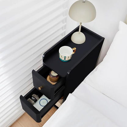 Narrow Nightstand Set of 2, Wooden Small 2 Drawer Nightstand, Slim Side End Table, Skinny Bedside Table, Mid Century Modern Night Stand with Drawers for Bedroom (Black-2 pcs)