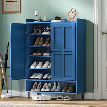 Shoe Storage Cabinet with 2 Doors, 6-Tier Shoe Cabinet with 3 Adjustable Shelves and Metal Legs, 45'' Tall Shoe Rack Organizer Cabinet for Entryway, Front Door, Blue