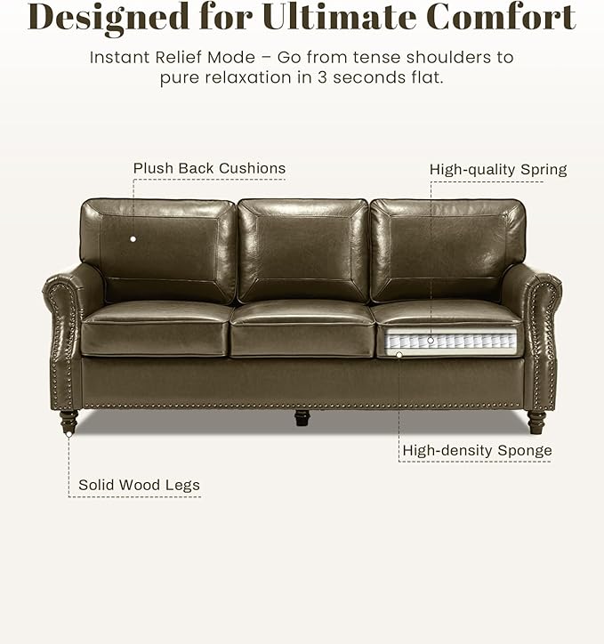 Kingfun Mid-Century Modern Couch, Faux Leather Sofa, 3 Seater Couch for Living Room with Rolled arms & Nailhead Trim, Olive Green
