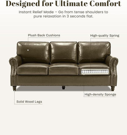 Kingfun Mid-Century Modern Couch, Faux Leather Sofa, 3 Seater Couch for Living Room with Rolled arms & Nailhead Trim, Olive Green
