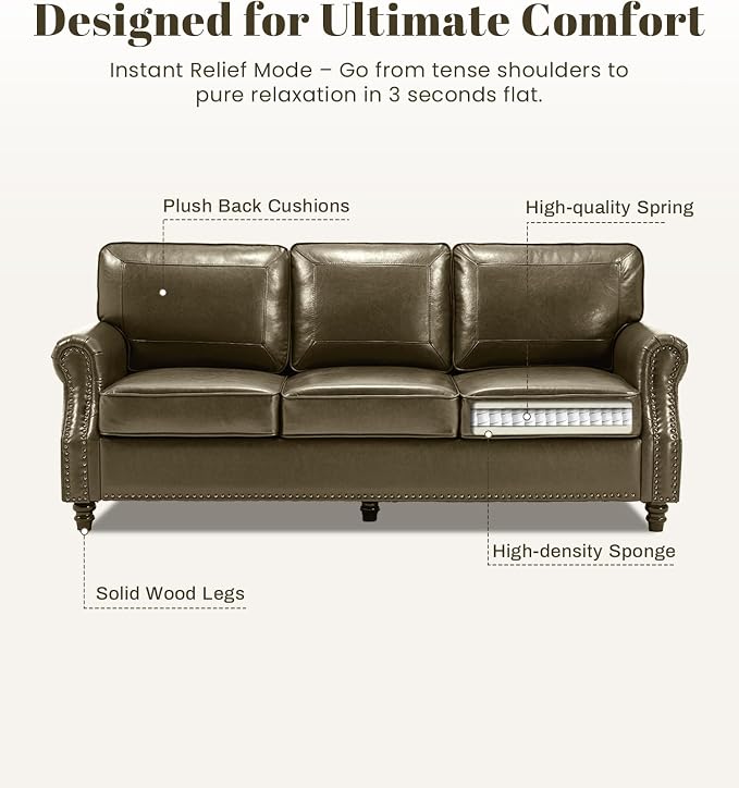 Kingfun Mid-Century Modern Couch, Faux Leather Sofa Set, 3 Seater Couch for Living Room with Rolled arms & Nailhead Trim, Olive Green