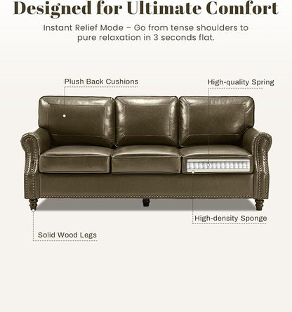 Kingfun Mid-Century Modern Couch, Faux Leather Sofa Set, 3 Seater Couch for Living Room with Rolled arms & Nailhead Trim, Olive Green