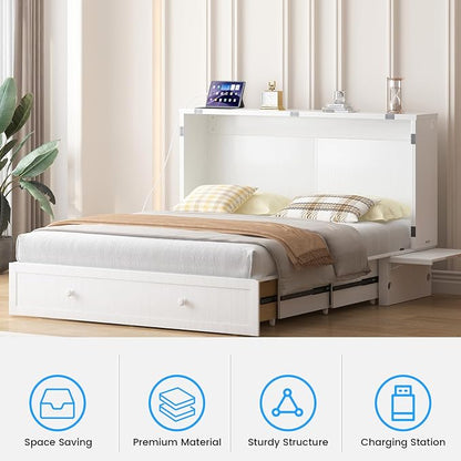 PUREMIND Queen Murphy Bed with Mattress Included, Murphy Cabinet Bed with Storage Drawer, Built-in Charging Station, Solid Wood Frame, Space-Saving Cabinet Beds for Small Spaces/Guest Room (White)