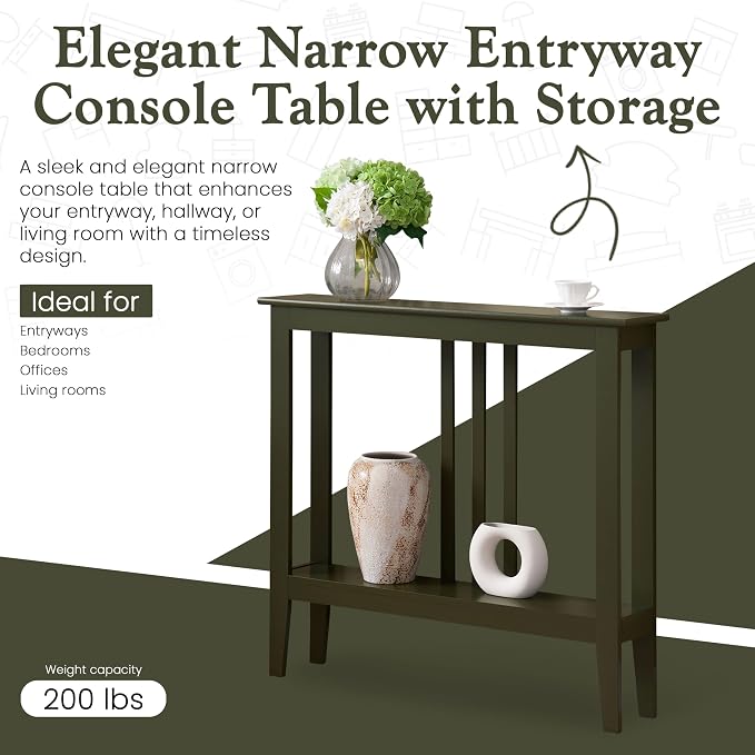 Kings Brand Narrow Console Table w/Storage Shelf, Sofa Entryway, Caviar | Narrow Console Table with Storage Shelf – Slim Design Fits Entryways, Hallways, Behind Sofas, Shelf Décor, Books, Essentials