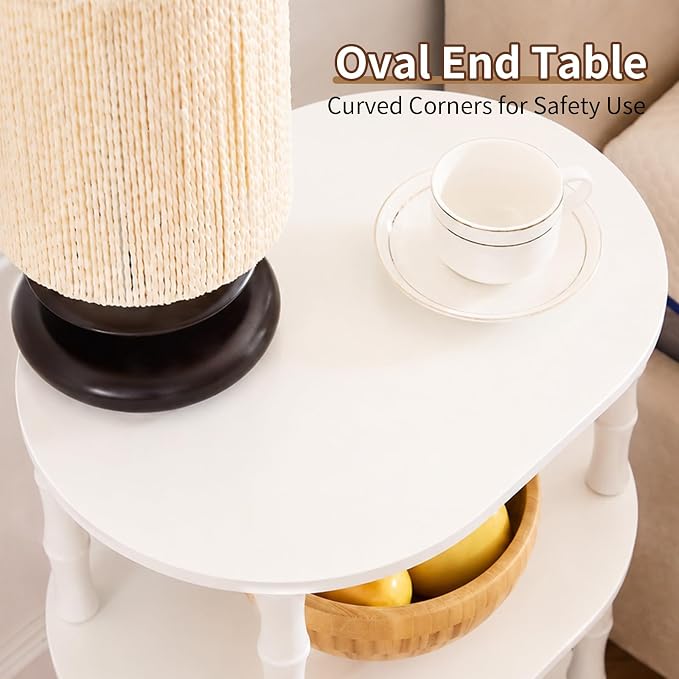 Side Table, 3-Tier Oval Accent Small End Table, Modern Oval Nightstand Accent Table for Small Space, Bedrooms, Living Room, Easy to Assemble, White