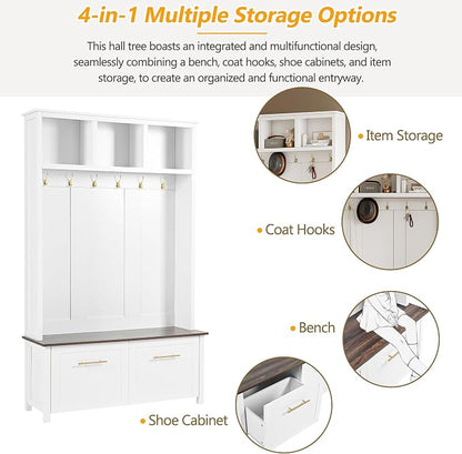 Merax Modern 4-in-1 Storage Hall Tree with Bench, Versatile Multiple Space with 6 Golden Hooks, 2 Drawers, Entryway Coat Rack for Living Room, Hallway, White
