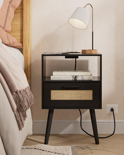 Aienvey Bedroom Nightstands Wooden Night Stands with Rattan Weaving Drawer Home Bedside End Table for Bedroom Storage (Modern-Black)