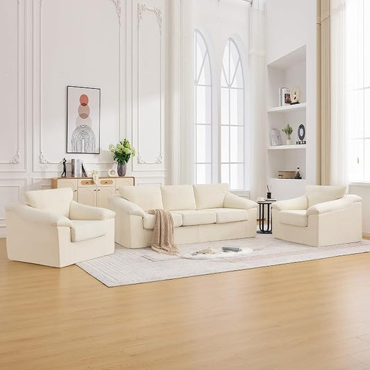 Boneless Couch Sets, Modern 3 Seater Sofa with 2 Accent Chairs, Floor Cloud Couch Sets with Extra Comfy Soft Deep Seats for Living Room, Apartment, No Assemby, Set of 3, Beige