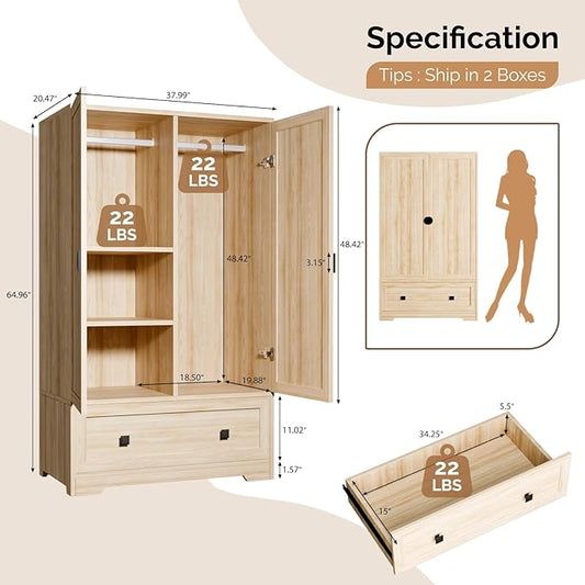 VINGLI Armoire Wardrobe Closet With Doors, Hanging Rod, Shelves and Drawer - Freestanding Cabinet for Bedroom, Dorm - Oak, 38" W x 21" D x 65" H