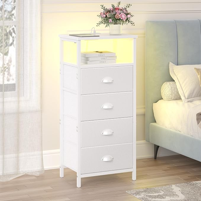 sthmec Nightstand with Charging Station,LED White Nightstand with 4 Fabric Drawers PU Finish, Bedside End Tables, 2-Tier Open Storage Shelf Side Table Nightstand with Drawers for Bedroom,White