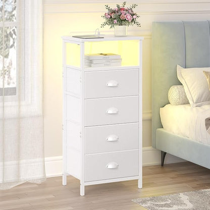 sthmec Nightstand with Charging Station,LED White Nightstand with 4 Fabric Drawers PU Finish, Bedside End Tables, 2-Tier Open Storage Shelf Side Table Nightstand with Drawers for Bedroom,White
