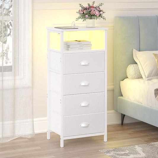 sthmec Nightstand with Charging Station,LED White Nightstand with 4 Fabric Drawers PU Finish, Bedside End Tables, 2-Tier Open Storage Shelf Side Table Nightstand with Drawers for Bedroom,White