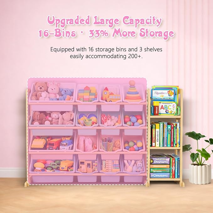 Kids Toy Storage Organizer with Bookshelf – Wooden Shelf with 16 Bins & 3 Shelves, Quick Assembly Storage Rack for Playroom, Bedroom, Nursery– Colorful