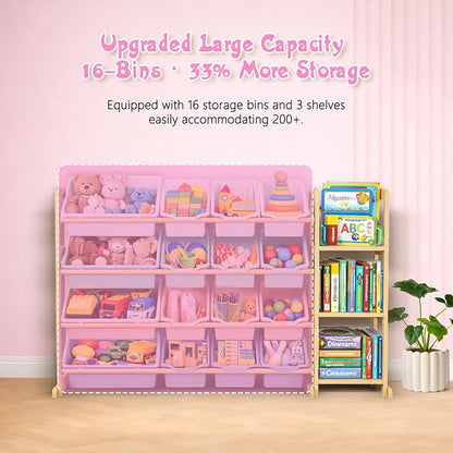 Kids Toy Storage Organizer with Bookshelf – Wooden Shelf with 16 Bins & 3 Shelves, Quick Assembly Storage Rack for Playroom, Bedroom, Nursery– Colorful