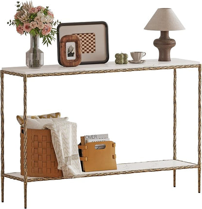 Antique Console Table with Faux Marble Wood Top, 47" Narrow Entryway Table with 2-Tier Open Storage Shelves, Modern Slim Sofa Table with Antique Brass Finish for Hallway, Living Room